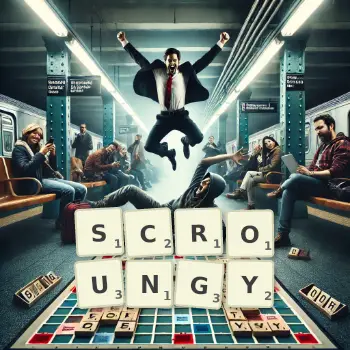 Creative illustration for a Scrabble game with the word SCROUNGY spelled out in tiles on the board.