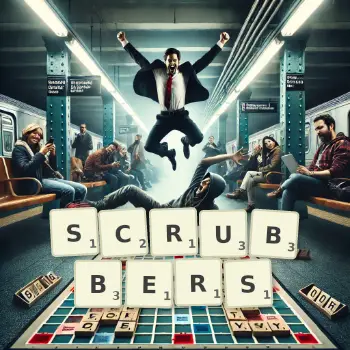 Creative illustration for a Scrabble game with the word SCRUBBERS spelled out in tiles on the board.