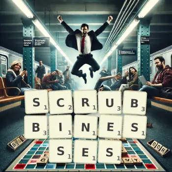Creative illustration for a Scrabble game with the word SCRUBBINESSES spelled out in tiles on the board.