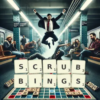 Creative illustration for a Scrabble game with the word SCRUBBINGS spelled out in tiles on the board.