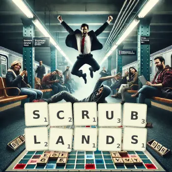 Creative illustration for a Scrabble game with the word SCRUBLANDS spelled out in tiles on the board.