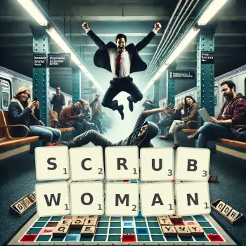 Creative illustration for a Scrabble game with the word SCRUBWOMAN spelled out in tiles on the board.