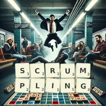 Creative illustration for a Scrabble game with the word SCRUMPLING spelled out in tiles on the board.