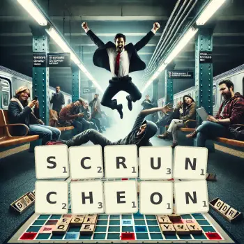 Creative illustration for a Scrabble game with the word SCRUNCHEON spelled out in tiles on the board.