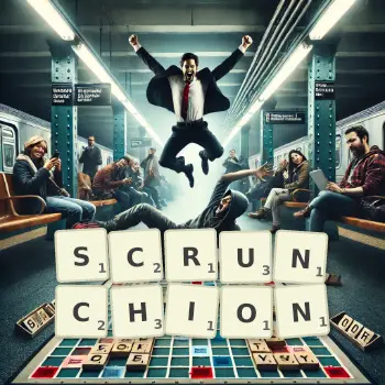 Creative illustration for a Scrabble game with the word SCRUNCHION spelled out in tiles on the board.