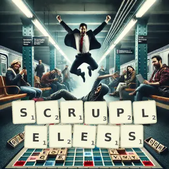 Creative illustration for a Scrabble game with the word SCRUPLELESS spelled out in tiles on the board.