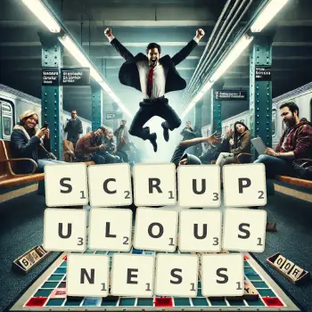 Creative illustration for a Scrabble game with the word SCRUPULOUSNESS spelled out in tiles on the board.
