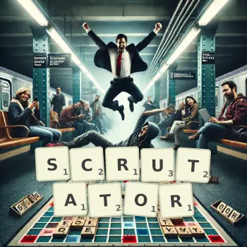 Creative illustration for a Scrabble game with the word SCRUTATOR spelled out in tiles on the board.