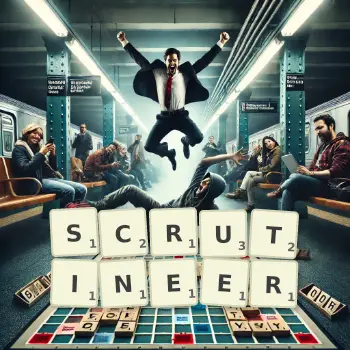 Creative illustration for a Scrabble game with the word SCRUTINEER spelled out in tiles on the board.