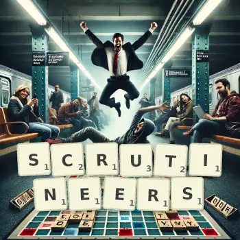 Creative illustration for a Scrabble game with the word SCRUTINEERS spelled out in tiles on the board.