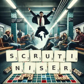 Creative illustration for a Scrabble game with the word SCRUTINISER spelled out in tiles on the board.