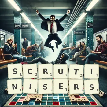 Creative illustration for a Scrabble game with the word SCRUTINISERS spelled out in tiles on the board.