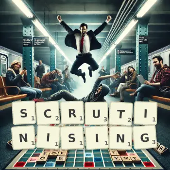 Creative illustration for a Scrabble game with the word SCRUTINISING spelled out in tiles on the board.