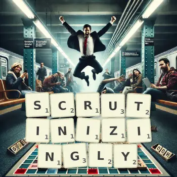 Creative illustration for a Scrabble game with the word SCRUTINIZINGLY spelled out in tiles on the board.
