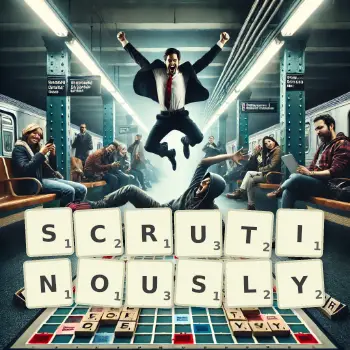 Creative illustration for a Scrabble game with the word SCRUTINOUSLY spelled out in tiles on the board.