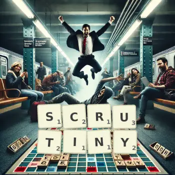 Creative illustration for a Scrabble game with the word SCRUTINY spelled out in tiles on the board.
