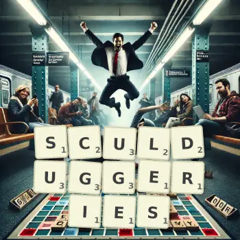 Creative illustration for a Scrabble game with the word SCULDUGGERIES spelled out in tiles on the board.