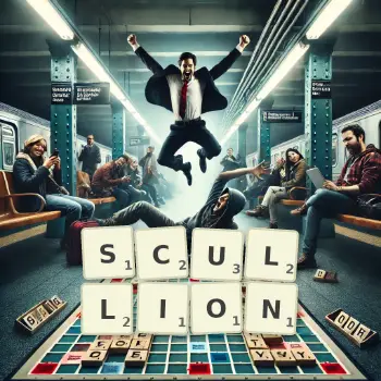 Creative illustration for a Scrabble game with the word SCULLION spelled out in tiles on the board.