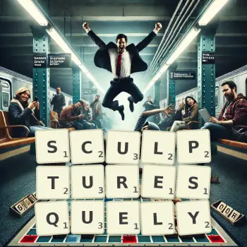 Creative illustration for a Scrabble game with the word SCULPTURESQUELY spelled out in tiles on the board.