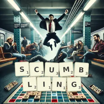 Creative illustration for a Scrabble game with the word SCUMBLING spelled out in tiles on the board.
