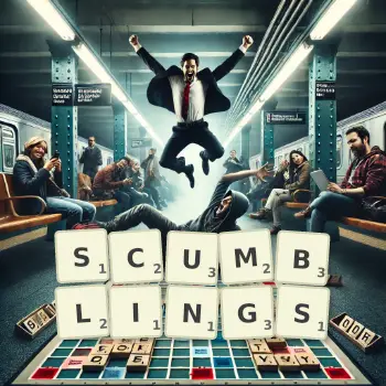 Creative illustration for a Scrabble game with the word SCUMBLINGS spelled out in tiles on the board.