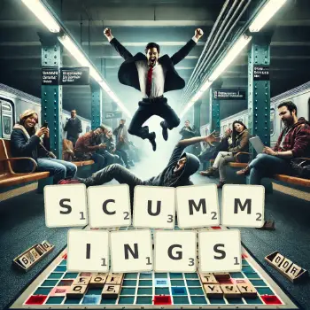 Creative illustration for a Scrabble game with the word SCUMMINGS spelled out in tiles on the board.