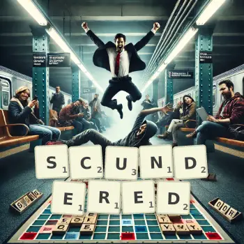 Creative illustration for a Scrabble game with the word SCUNDERED spelled out in tiles on the board.