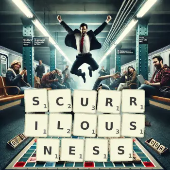 Creative illustration for a Scrabble game with the word SCURRILOUSNESS spelled out in tiles on the board.