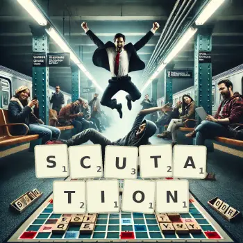 Creative illustration for a Scrabble game with the word SCUTATION spelled out in tiles on the board.
