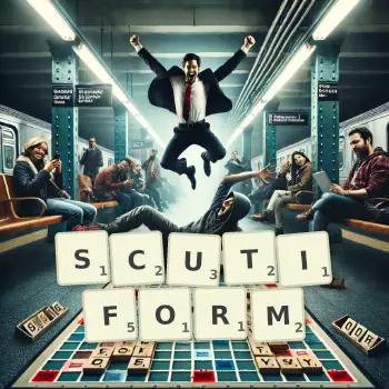 Creative illustration for a Scrabble game with the word SCUTIFORM spelled out in tiles on the board.