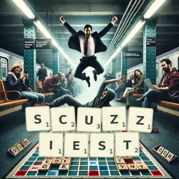 Creative illustration for a Scrabble game with the word SCUZZIEST spelled out in tiles on the board.