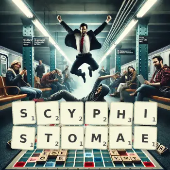 Creative illustration for a Scrabble game with the word SCYPHISTOMAE spelled out in tiles on the board.