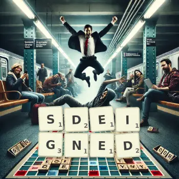 Creative illustration for a Scrabble game with the word SDEIGNED spelled out in tiles on the board.