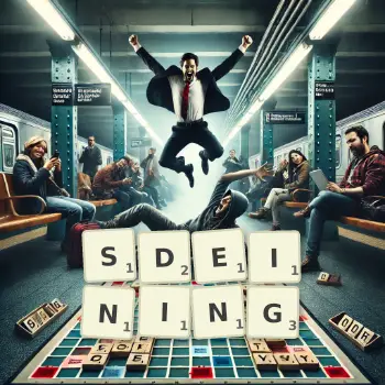 Creative illustration for a Scrabble game with the word SDEINING spelled out in tiles on the board.