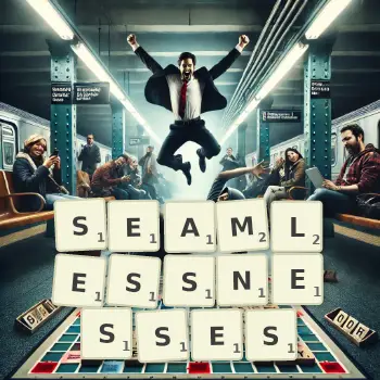 Creative illustration for a Scrabble game with the word SEAMLESSNESSES spelled out in tiles on the board.