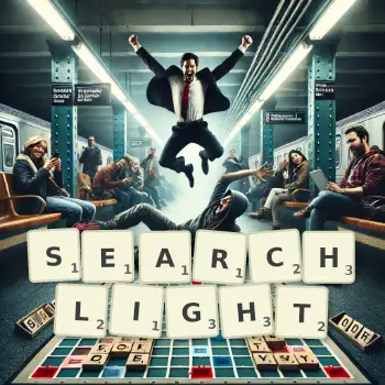 Creative illustration for a Scrabble game with the word SEARCHLIGHT spelled out in tiles on the board.