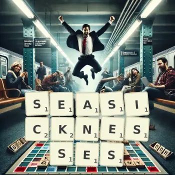 Creative illustration for a Scrabble game with the word SEASICKNESSES spelled out in tiles on the board.