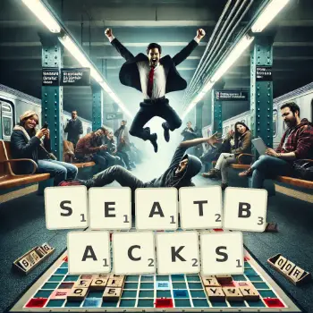 Creative illustration for a Scrabble game with the word SEATBACKS spelled out in tiles on the board.