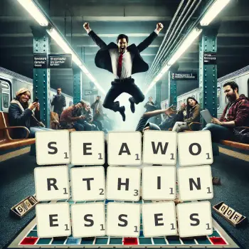 Creative illustration for a Scrabble game with the word SEAWORTHINESSES spelled out in tiles on the board.