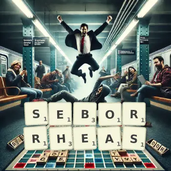 Creative illustration for a Scrabble game with the word SEBORRHEAS spelled out in tiles on the board.