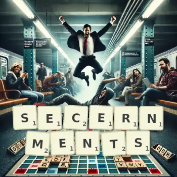 Creative illustration for a Scrabble game with the word SECERNMENTS spelled out in tiles on the board.