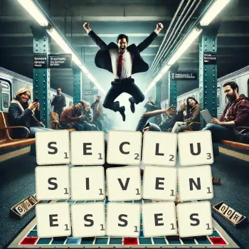 Creative illustration for a Scrabble game with the word SECLUSIVENESSES spelled out in tiles on the board.