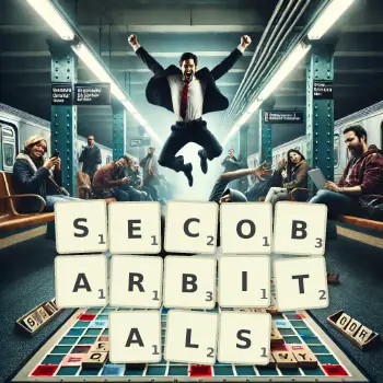 Creative illustration for a Scrabble game with the word SECOBARBITALS spelled out in tiles on the board.