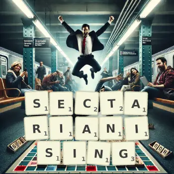 Creative illustration for a Scrabble game with the word SECTARIANISING spelled out in tiles on the board.
