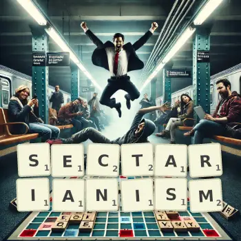 Creative illustration for a Scrabble game with the word SECTARIANISM spelled out in tiles on the board.