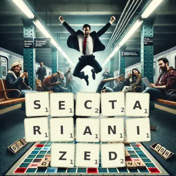 Creative illustration for a Scrabble game with the word SECTARIANIZED spelled out in tiles on the board.