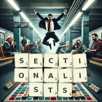 Creative illustration for a Scrabble game with the word SECTIONALISTS spelled out in tiles on the board.
