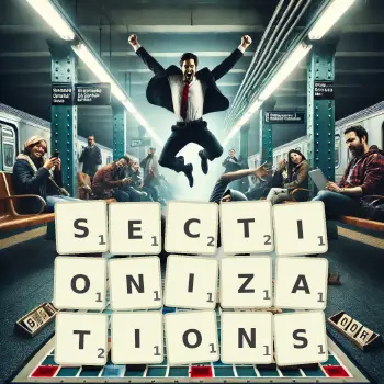Creative illustration for a Scrabble game with the word SECTIONIZATIONS spelled out in tiles on the board.