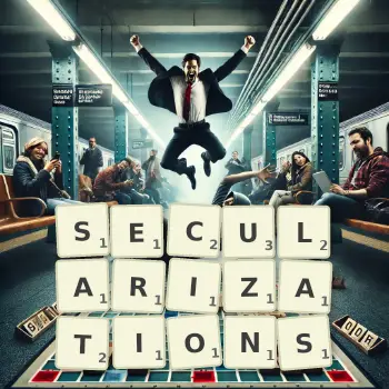 Creative illustration for a Scrabble game with the word SECULARIZATIONS spelled out in tiles on the board.