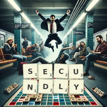 Creative illustration for a Scrabble game with the word SECUNDLY spelled out in tiles on the board.